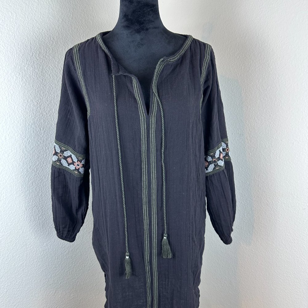 Lilla P Dress Womens Large Black Cotton Peasant Shift Mini Pockets Vestirsi Ves